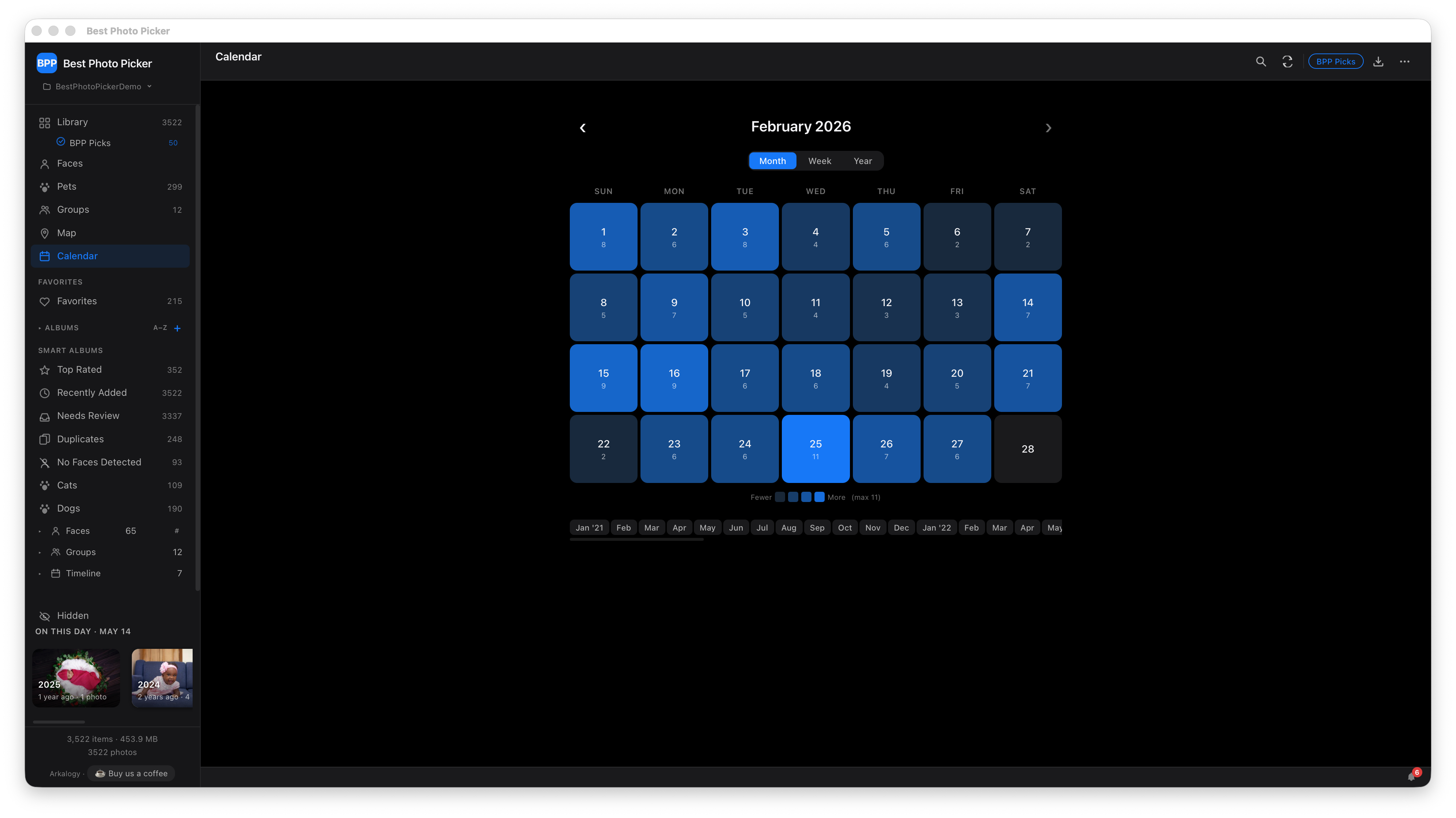Calendar view with photos grouped by month