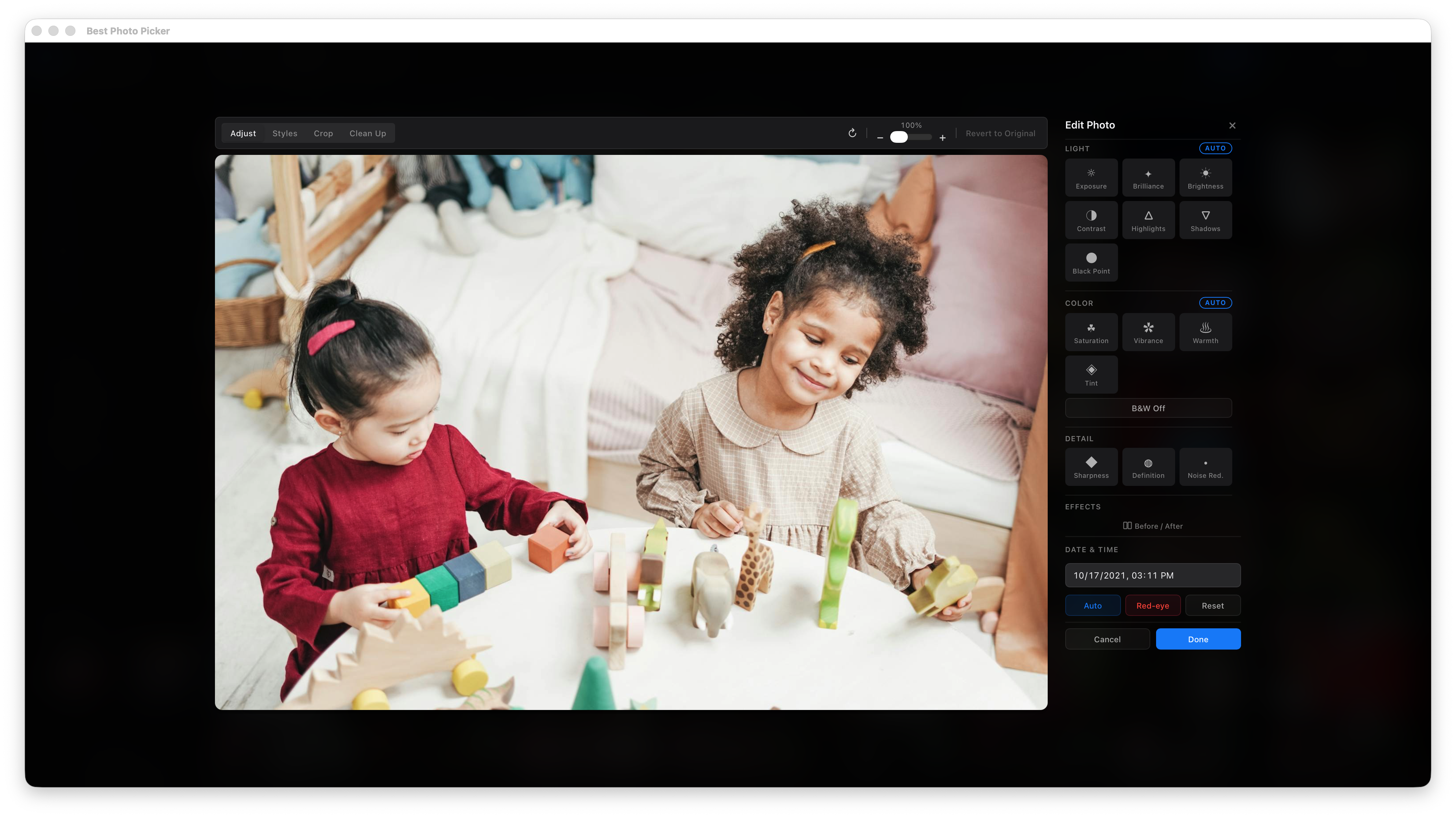 Non-destructive in-place editor with crop and straighten