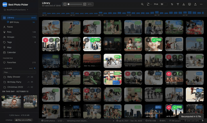 Demo: a library of thousands of photos, open one child's photos, BPP Picks narrows them to her best shots, then the top pick opens with its sharpness, exposure, faces and composition scores