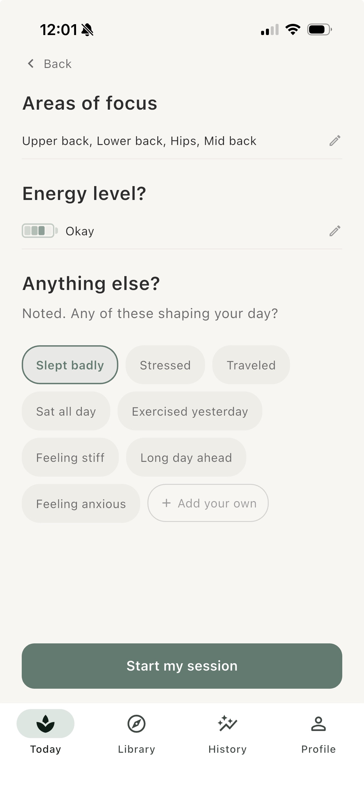 Check-in detail with areas, energy, and modifiers