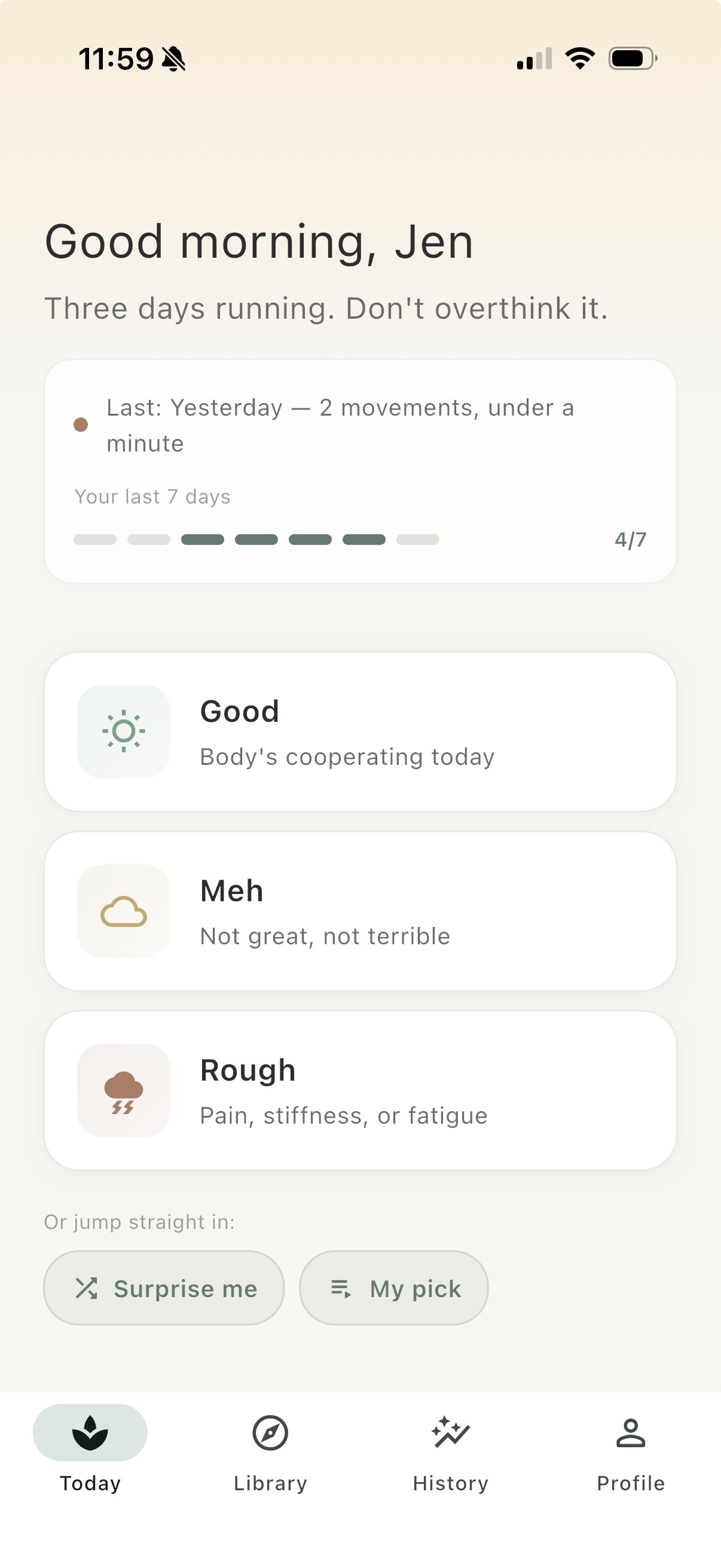 TJT check-in screen showing daily energy and body area selection