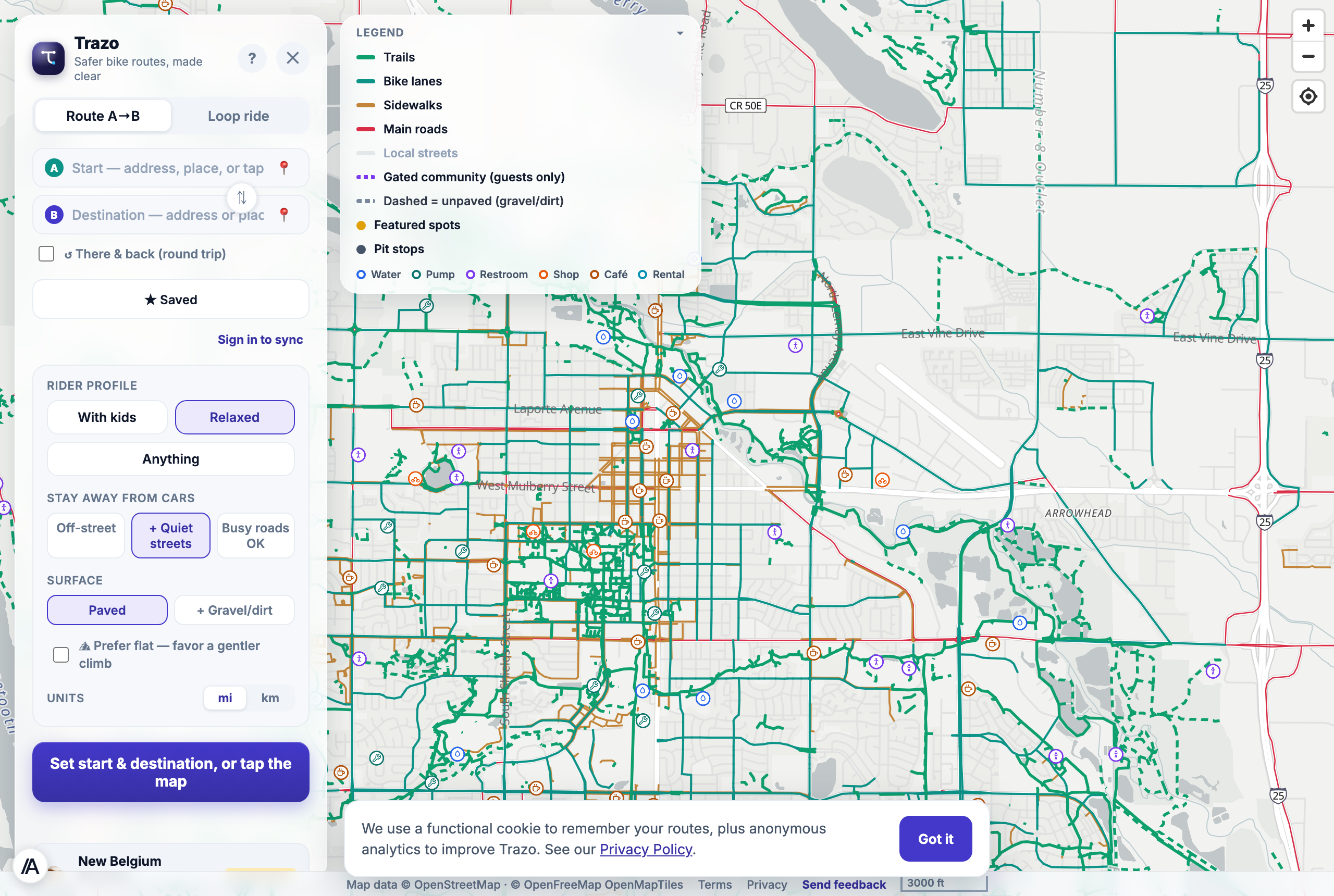 The Fort Collins map colored by traffic stress, surface, and separation, with the planning panel open