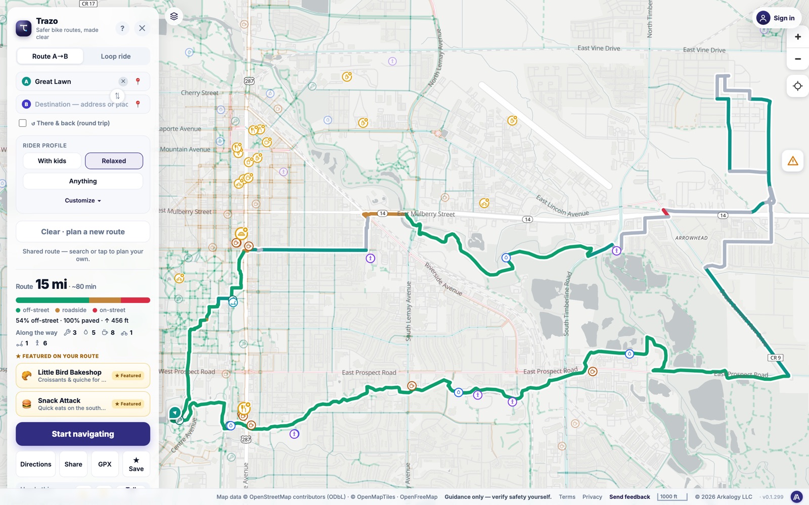 A 15-mile low-stress loop drawn across Fort Collins that returns to its starting point, on a traffic-stress-colored map