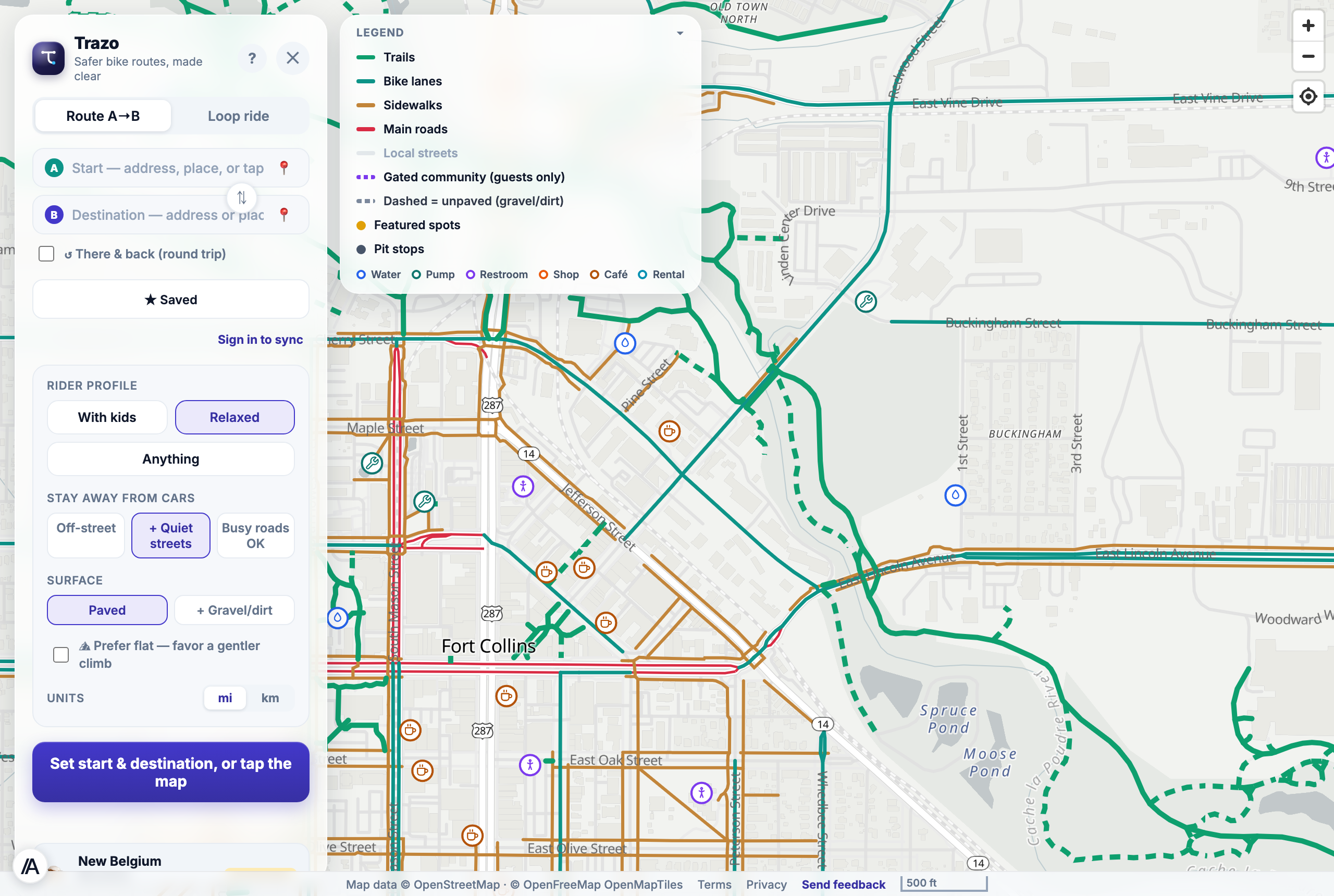 Old Town Fort Collins network detail showing trails, bike lanes, and pit-stop markers